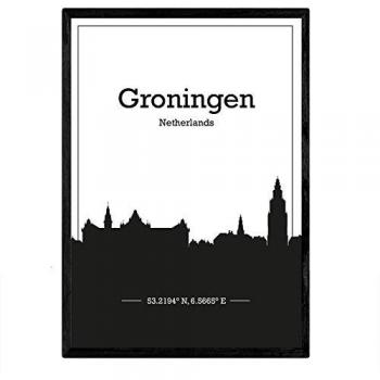 Póster A3 de Mapa de Groningen, Holanda - Láminas con Skyline de Ciudades Europeas y Sombra Negra