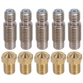 PChero 5Pcs M6 3D Impresora 0.4mm Extrusora Boquilla de Latón + 5Pcs 1.75mm Garganta de Boquilla de Acero Inoxidable con Tubo de PTFE para V6 Makerbot