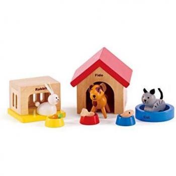 Hape Mascotas Juego de Animales con Casa, Completa tu Casa de Muñecas de Madera con el Alegre Set de Perro, Gato y Conejo con Casas y Cuencos de Comida