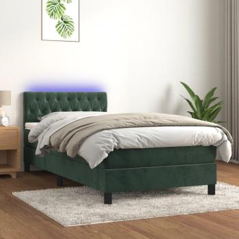 Cama box spring con colchón y LED terciopelo verde oscuro 90x190 cm