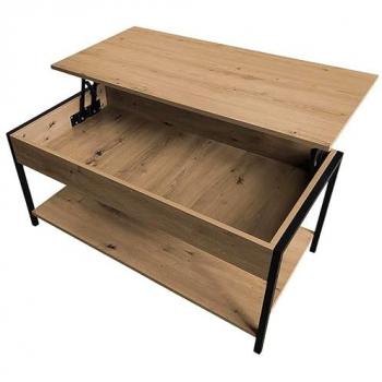 Mesa Centro Elevable con Almacenaje y Estante Inferior, Color Roble, 100x50x45 cm