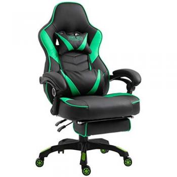 Silla Gaming Tilos en Simil Cuero Negro/Verde, Regulable en Altura y Giratoria con Reposapiés Telescópico