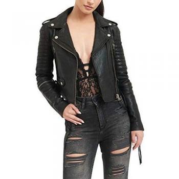 trueprodigy Casual Mujer Marca Chaqueta De Cuero Autentica Ropa Retro Vintage Rock Vestir Moda Moto Verano Manga Larga Slim Fit Designer Fashion Jacket, Colores:Black, Tamaño:XL