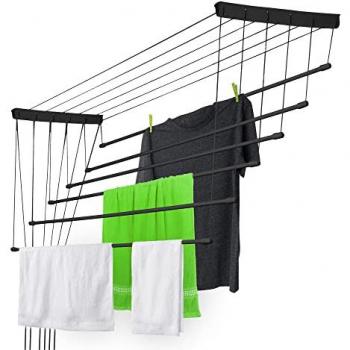 Tendedero de Techo con Varillas de Acero Resistente y Sistema de Secado Colgante (Negro, 6 x 170 cm)