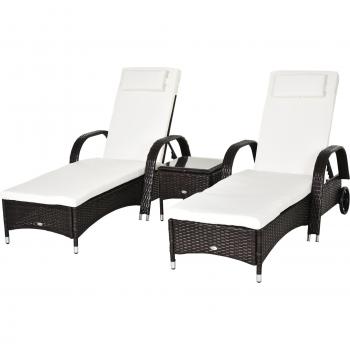 Outsunny Set de 2 Tumbonas con Mesa de Ratán Sintético (Marrón)