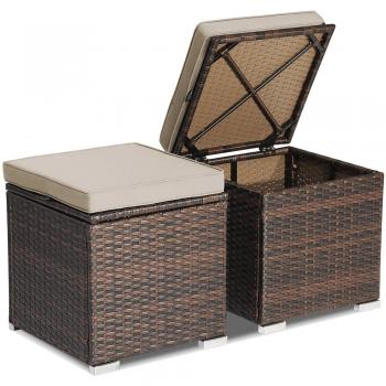 Patio Rattan Ottomans with Hidden Storage Space (Set of 2) - 2PCS Patio Ottomans BN, Costway 2-Piece Wicker Outdoor Ottomans Storage Box Footstool with Beige Cushions