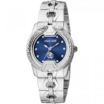 Roberto Cavalli by Franck Muller Elegant Women's Analog Watch - Gray Stainless Steel with Blue Dial