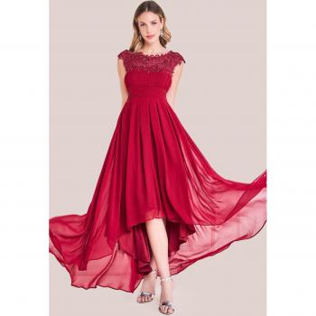 Burgundy High Low Maxi Dress with Crochet and Pleated Top