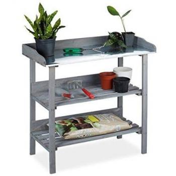Mesa de Jardinería con Tres Estantes, Madera, 86 x 92 x 42 cm, Gris - Relaxdays