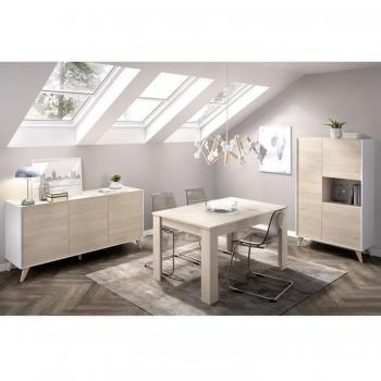 Composición de Comedor NESS 4 Blanco y Roble Natural con Mesa Extensible, Aparador Alto y Aparador de 3 puertas