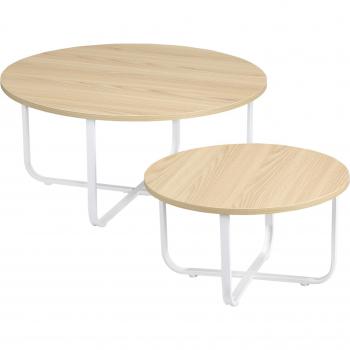 HOMCOM Juego de 2 Mesas de Centro Redondas con Encimera de Madera y Patas de Metal Natural y Blanco