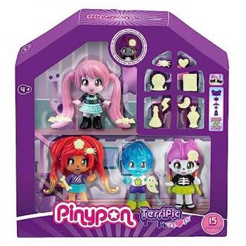 Pinypon Terrific Friends Pack de 4 Figuras (vampiresa, chica loba, chica esqueleto y chico fantasma) con decoraciones y accesorios que brillan en la oscuridad, recomendado para +4 años, F