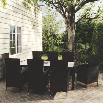 Set de comedor de jardín 9 piezas con cojines de polyrattan negro