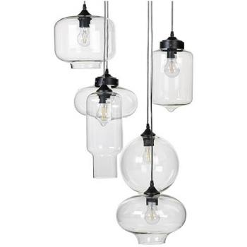 Lámpara Colgante Moderna de 6 Luces con Pantallas de Vidrio Transparente y Estructura de Hierro Negro Bemboka