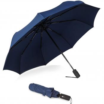 Eono Essentials - Paraguas de viaje compacto resistente al viento y revestido de teflón con cubierta reforzada, empuñadura ergonómica y sistema de apertura automático Armada