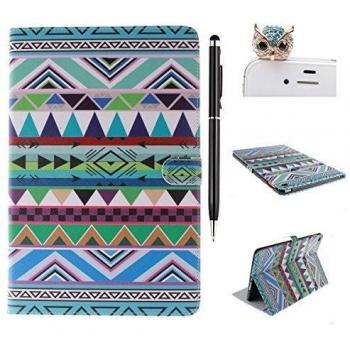 iPad 6 Funda,iPad Air 2 Carcasa - Felfy iPad 6 iPad Air 2 Colorido Painting Azul Tribal Stripes Diseño Pu Cuero Magnética Flip Sty Funda Carcasa +1x Azul Búho Enchufe del Polvo +1x Negro Lápiz Táctil