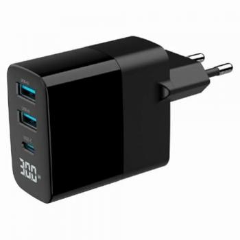 Cargador Rápido USB GaN de 3 Puertos y 30W con Pantalla LCD, Negro