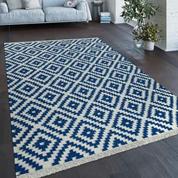 Alfombra Tejida a Mano de Moda con Flecos Diseño Marroquí Moderno en Azul Blanco 200x300 cm - Paco Home