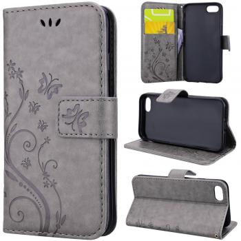 Funda iPhone 7 con Tapa, iPhone 7 Funda Libro Piel PU Con Retro Flor y Mariposa, Ultrafina Piel Premiumcon Cierre Magnético, Case Cover Carcasa Plegable Protectora Funcional Fina y Elegante para iPhone 7 - Gris
