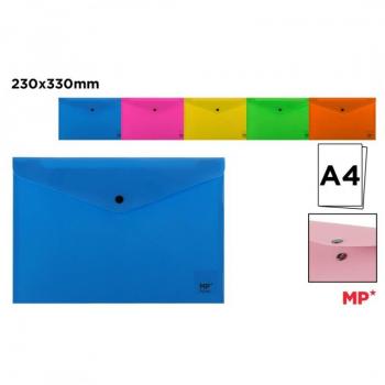 Carpeta Sobre Portafolios Plástica A4 con Broche de Presión, Pack de 10 Unidades, Transparente, Azul o Multicolor Aleatorio, Cierre Botón Fluorescente
