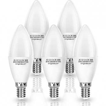 Aigostar - Bombilla LED E14 Vela 3W, Equivalente a 24W, Luz Blanca Calida 3000K, 240lm, No Regulable, Pack de 5