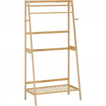 Perchero de Pie HOMCOM de Bambú con 2 Estantes Abiertos, Barra y 2 Ganchos Laterales, Trapezoidal para Ropa y Bolsas, Dimensiones 82x36