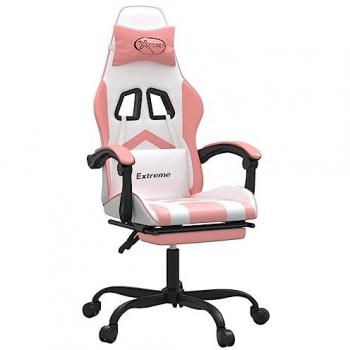 Silla gaming giratoria y reposapiés cuero sintético blanco rosa