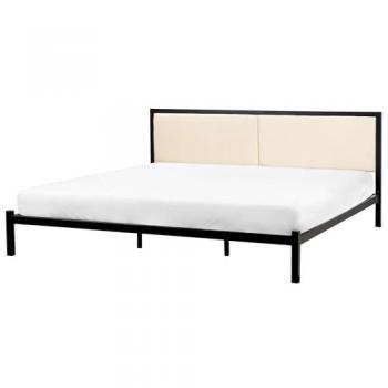 Cama de metal negra 180 x 200 cm con somier y cabecero de tela beige claro, diseño moderno Clamart