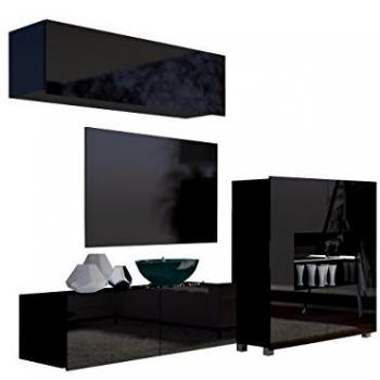 Conjunto de salón moderno Providence B113 en negro brillante con mesa de TV y estantes, aglomerado laminado