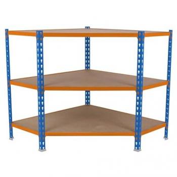 Estantería Metálica MADERCLICK Esquina 3 Baldas Sin Tornillos, Alta Capacidad 200 kg, 900x900x500 mm, Azul/Naranja/Madera