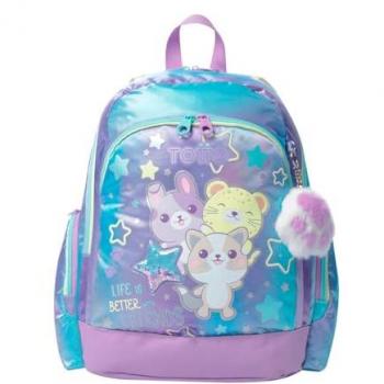Mochila Infantil Totto Friends M - Mediana, 16 L, 2 Compartimentos, 2 Bolsillos para Botella, Organizador Interno, Correas Acolchadas, Color Morado