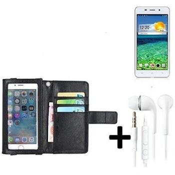 TOP SET: Funda para el Cubot X9 con la pantalla del protector / protector integrado, negro, cuero sintético + Auriculares | Funda Universal Caso Monedero cubierta del tirón Monedero Monedero