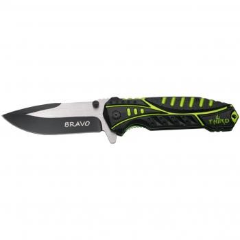 THIRD Navaja asistida Bravo K2798GN, Mango de Aluminio Negro y Verde, Hoja de Acero INOX de 10 cm Corte en Negro. con Clip, con Funda de Nylon.