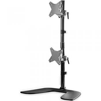 StarTech.com Vertical Dual Monitor Stand - Ergonomic Desktop Stacked Two Monitor Stand up to 27 inch VESA Mount Displays - Free Standing Universal Monitor Mount - Height Adjustable - Silver