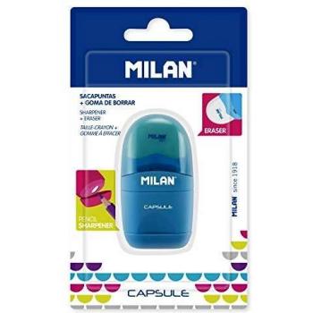 Milan MBYM10008 Sacapuntas con Gomas de Borrar, Blanco/Azul, Pequeño
