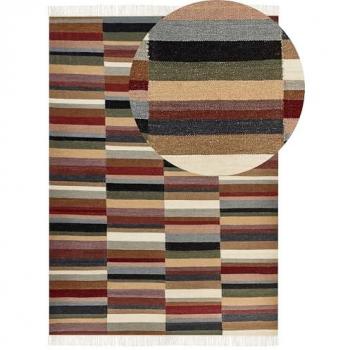 Alfombra Kilim de Lana Multicolor 200 x 300 cm Hecha a Mano con Patrón Geométrico y Borlas