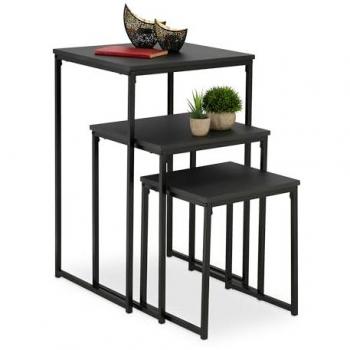 Mesas Auxiliares Relaxdays, Set de 3, Diseño Nido, Metal Cuadrado Decorativo, Negro, 3 Tamaños