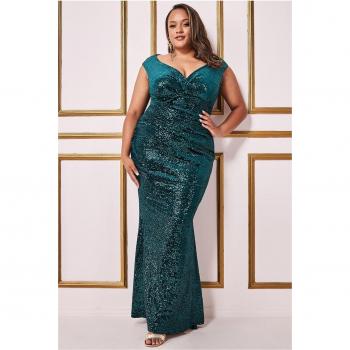 Goddiva Plus Sequin & Velvet Bardot Maxi Dress - Emerald