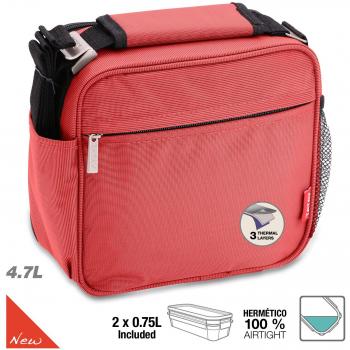 Tatay Urban Food Prime Bolsa Térmica Porta Alimentos, 4.7L de Capacidad, con 2 Tuppers Herméticos de 0.75L de Plástico Libre de BPA, Color Rojo. Medidas 25.5 x 11 x 24.5 cm