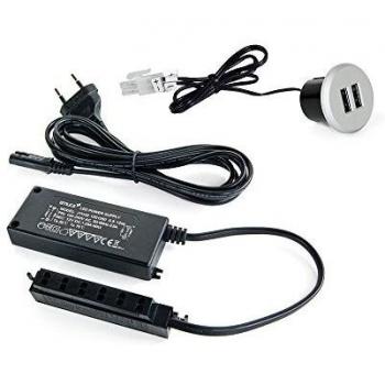 Emuca - Cargador USB universal multipuerto, tipo-A, color gris metalizado, para encastrar en mueble
