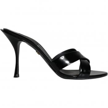 Dolce & Gabbana Black Leather Slides Keira Sandals Shoes - EU39.5/US9.5, Heeled Mules, female, Size: 9 1/2 US with Logo