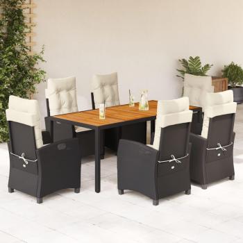 7-Piece Black Poly Rattan Garden Dining Set with Cushions