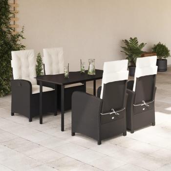 5-Piece Black Poly Rattan Garden Dining Set with Cushions