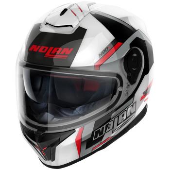Nolan Casco Integral N80-8 Wanted N-Com Blanco-Rojo-Negro con diseño aerodinámico, sistema de ventilación avanzado, interior desmontable y lavable, pantalla anti-rayaduras y preparada para incorporar el sistema de comunicación N