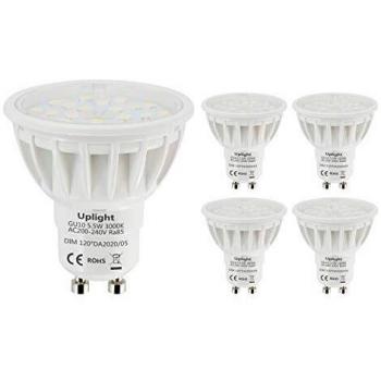 Uplight 5.5W Regulable Bombillas LED GU10,Blanco cálido 3000K,Equivalente 50-60W Halógena,600lm Ra85,120°Angulo de haz,5 Piezas.