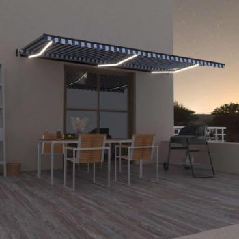 Toldo automático LED con sensor de viento, resistente al agua, sombrilla retráctil para balcón, jardín y terraza, dimensiones 600x350 cm, color azul y blanco
