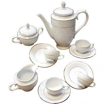 Juego de café de porcelana blanca Bremen 27 piezas con filo dorado para 12 tazas (15 cl), incluye cafetera, lechera y azucarero
