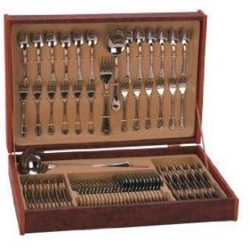 Monix Manila - Set 75 piezas cubiertos de acero inox 18/10 con cuchillo chuletero y estuche Nogal