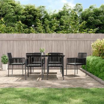 7-Piece Black Poly Rattan and Steel Garden Dining Set with Cushions