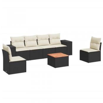 Set de comedor de jardín 7 pzas con cojines, ratán sintético negro